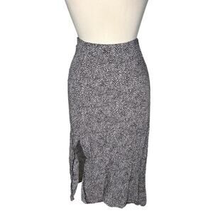 Primark Elegant Black White Leopard Print Polkadot Midi Skirt Slit Neutral BK7